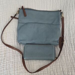 Fossil Leather Crossbody Bag and Wallet Set Blue